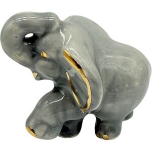 Elephant Figurine Gray Gold Accents‎ Ceramic Animal Decor Collectible Cute
